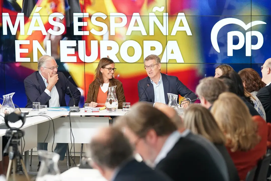 El l&iacute;der del PP, Alberto N&uacute;&ntilde;ez Feij&oacute;o, asiste a una reuni&oacute;n del comit&eacute; de campa&ntilde;a para las elecciones europeas. Le acompa&ntilde;an la vicesecretaria de Organizaci&oacute;n, Carmen F&uacute;nez, y el vicesecretario de Institucional, Esteban Gonz&aacute;lez Pons, entre otros. / EP