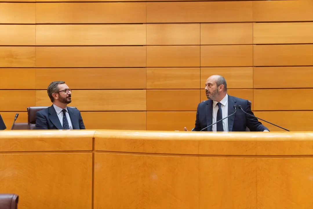El portavoz del PP en el Senado, Javier Maroto (i), y el presidente del Senado, Pedro Roll&aacute;n (d), durante una sesi&oacute;n plenaria. Eduardo Parra