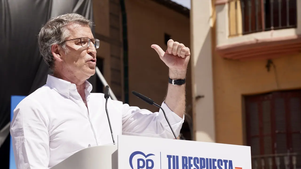 El presidente del Partido Popular, Alberto N&uacute;&ntilde;ez Feij&oacute;o, durante el acto del PP de cara a las elecciones europeas del 9 de junio. &Aacute;lex Zea