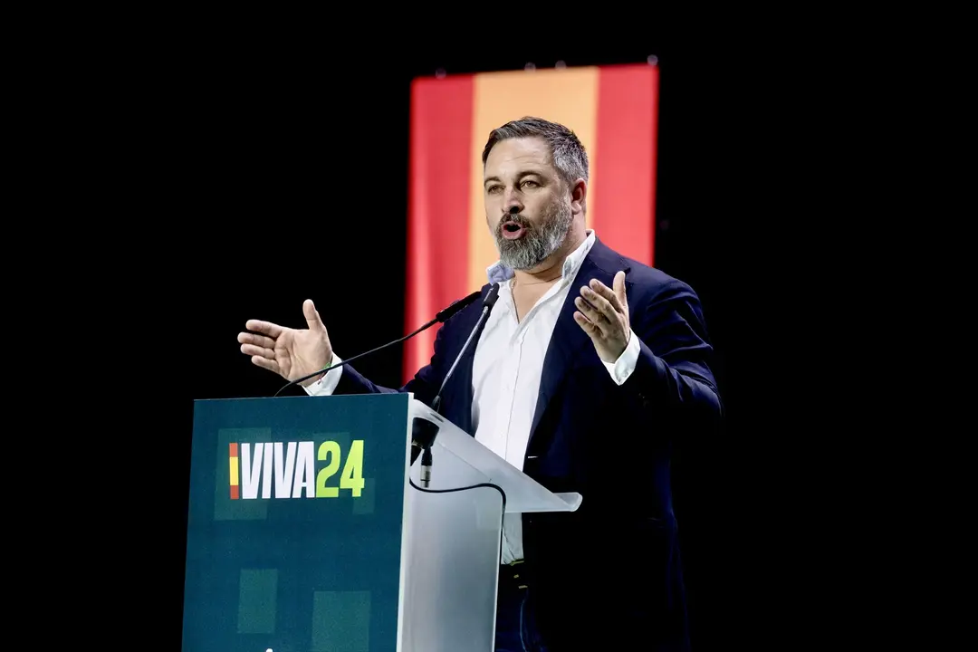 El l&iacute;der de VOX, Santiago Abascal, durante el acto &lsquo;Viva 24&rsquo; de Vox. Carlos Luj&aacute;n