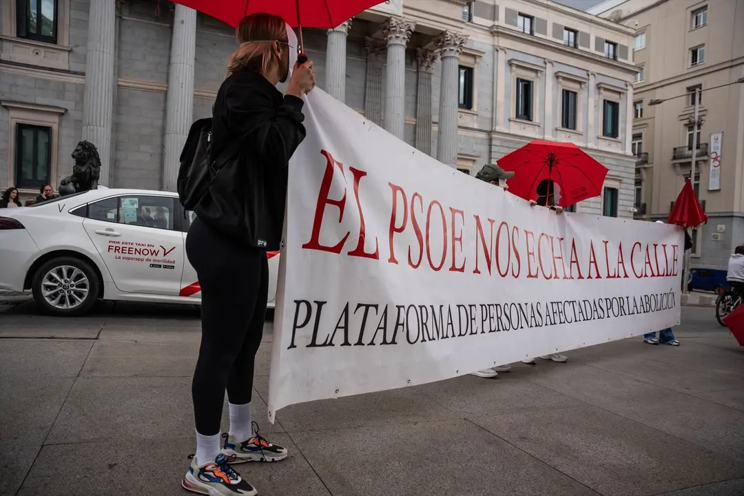 Varias personas durante la concentraci&oacute;n contra la abolici&oacute;n de la prostituci&oacute;n, frente al Congreso de los Diputados. Matias Chiofalo