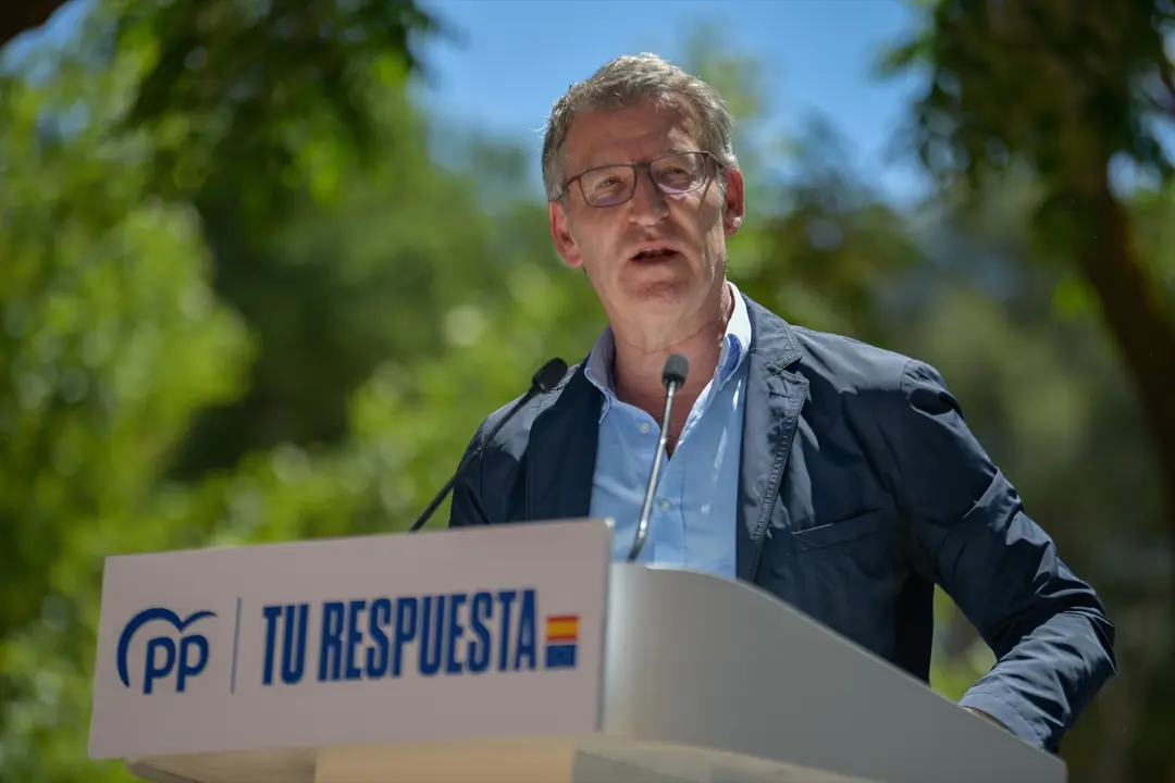 El presidente del PP, Alberto N&uacute;&ntilde;ez Feij&oacute;o, interviene durante la clausura de un mitin del PP. Eusebio Garc&iacute;a del Castillo