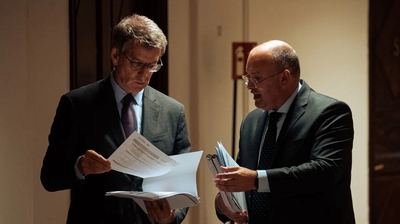 El presidente del PP, Alberto N&uacute;&ntilde;ez Feij&oacute;o (i), y el portavoz del PP, Miguel Tellado (d), en el Congreso de los Diputados. Gabriel Luengas