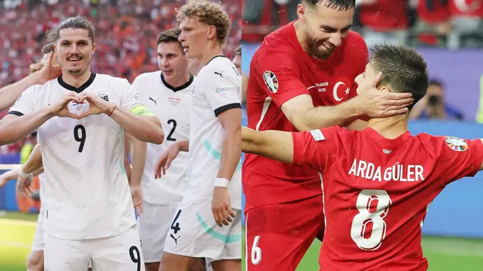 Los futbolistas Marcel Sabitzer (Austria) y Arda G&uuml;ler (Turqu&iacute;a), en la Eurocopa 2024./EP