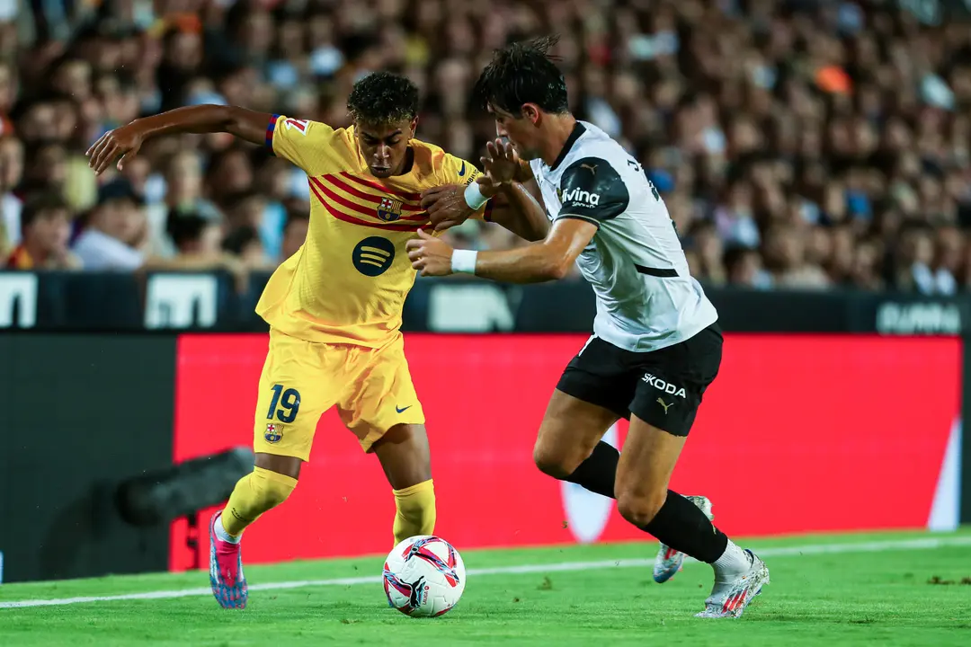 Lamine Yamal of FC Barcelona in action during the Spanish league, La Liga EA Sports, football match played between Valencia CF and FC Barcelona at Mestalla stadium on August 17, 2024, in Valencia, Spain.
