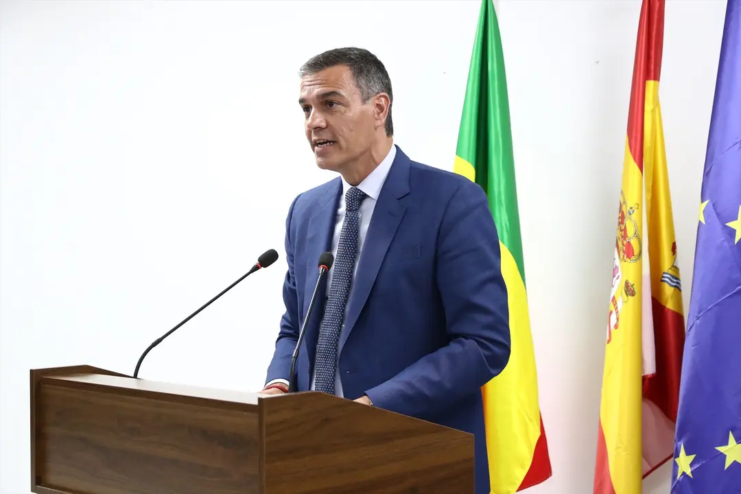 El presidente del Gobierno, Pedro S&aacute;nchez, interviene durante la presentaci&oacute;n de la Alianza &Aacute;frica Avanza. / Jorge Villar
