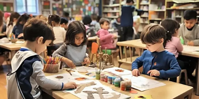 Varios ni&ntilde;os en una guarder&iacute;a realizando actividades did&aacute;cticas. / a.e