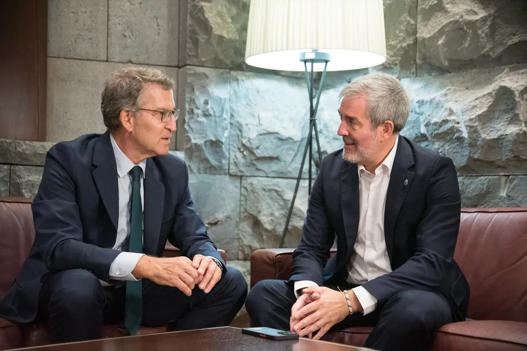El presidente de Canarias, Fernando Clavijo (d), mantiene una reuni&oacute;n con el l&iacute;der de la oposici&oacute;n y presidente del PP, Alberto N&uacute;&ntilde;ez Feij&oacute;o (i). / EP