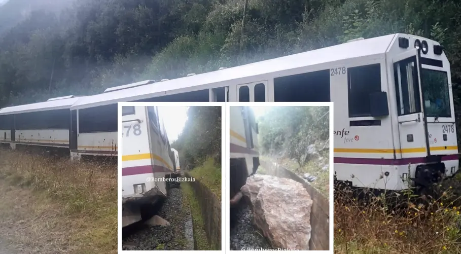 Estado en el que qued&oacute; el tren tras impactar con una roca en las v&iacute;as en Gibaja. Afortunadamente, no hubo heridos entre los pasajeros. / Bomberos y Bomberas Bizkaia