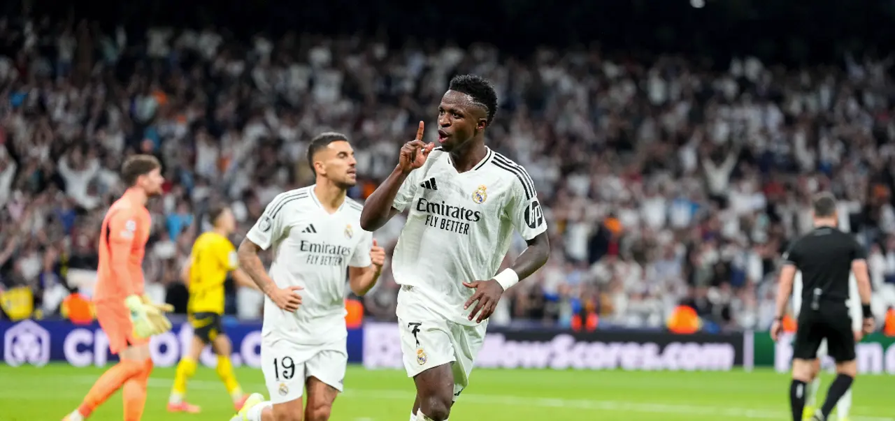 Vinicius Junior del Real Madrid celebra un gol durante el partido de la UEFA Champions League 2024/25 Liga Fase MD3 entre el Real Madrid CF y el Borussia Dortmund en el Estadio Santiago Bernabeu el 22 de octubre de 2024, en Madrid, Espa&ntilde;a.
Fecha: 22/10/2024.
Firma: AFP7 / Europa Press