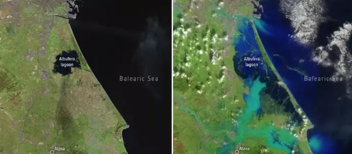 El antes y el despu&eacute;s de la DANA, desde sat&eacute;lite Landsat 8 de la NASA. / NASA