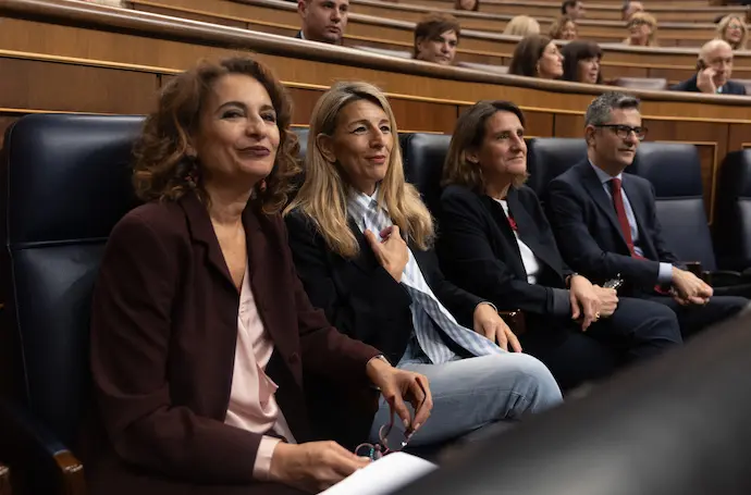 La vicepresidenta primera y ministra de Hacienda, Mar&iacute;a Jes&uacute;s Montero; la vicepresidenta segunda y ministra de Trabajo, Yolanda D&iacute;az; la vicepresidenta tercera y ministra para la Transici&oacute;n Ecol&oacute;gica, Teresa Ribera y el ministro de la Presidencia, Relaciones con las Cortes y Justicia, F&eacute;lix Bola&ntilde;os. / EP