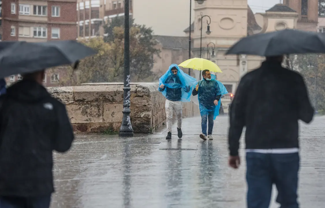 Dos personas con paraguas y chubasqueros caminan bajo la lluvia. / Rober Solsona