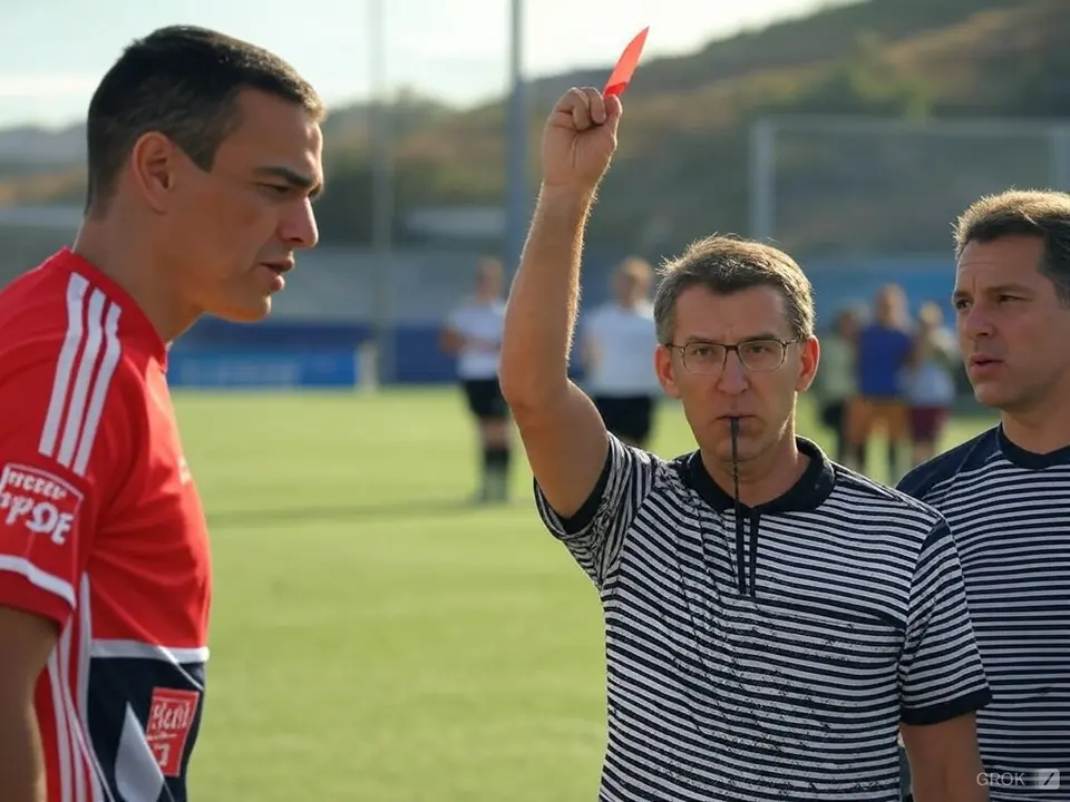 Un &aacute;rbitro (Feijouu) muestra tarjeta roja a un jugador (Sanchuu) durante un partido de f&uacute;tbol. Foto recreaci&oacute;n: GROK.