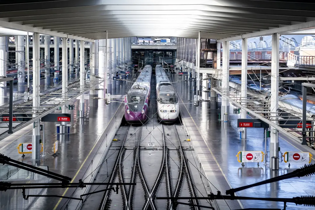 Dos trenes en las v&iacute;as de la estaci&oacute;n de Atocha-Almudena Grandes. / A. P&eacute;rez Meca