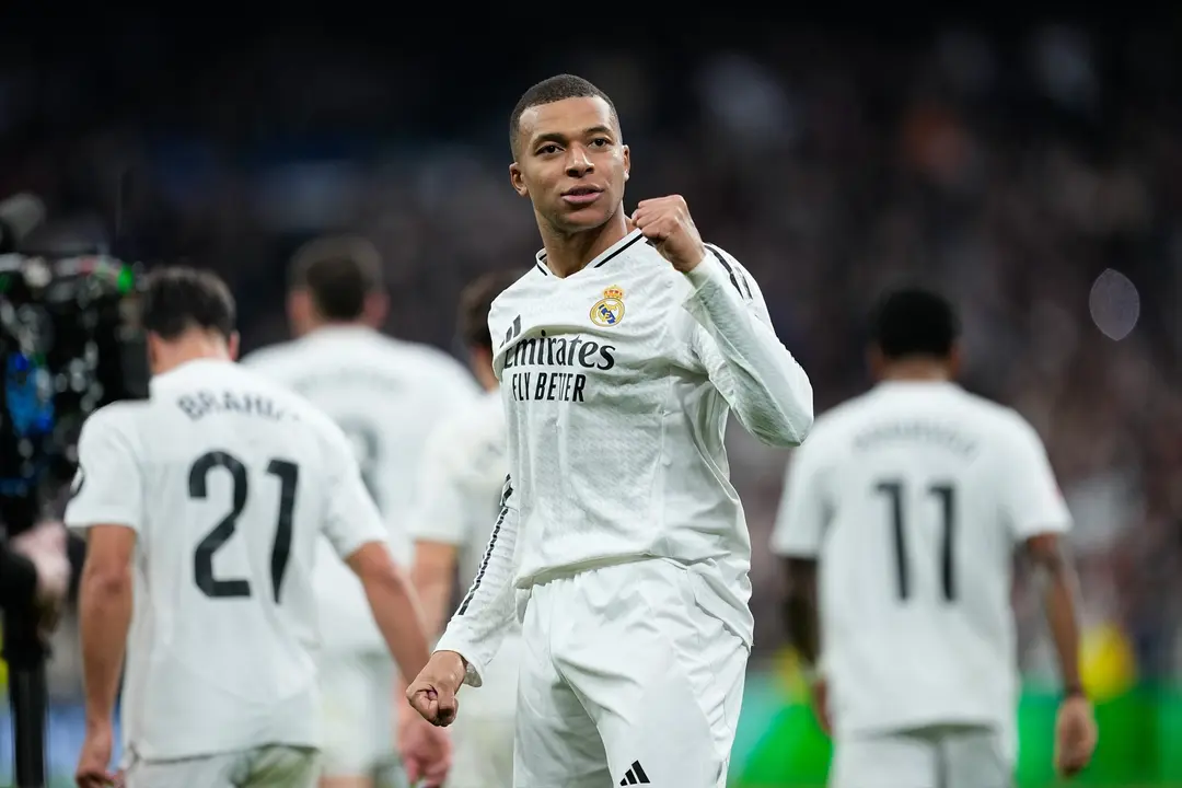El delantero del Real Madrid, Kylian Mbapp&eacute;, celebra un gol. / Oscar J. Barroso / EP