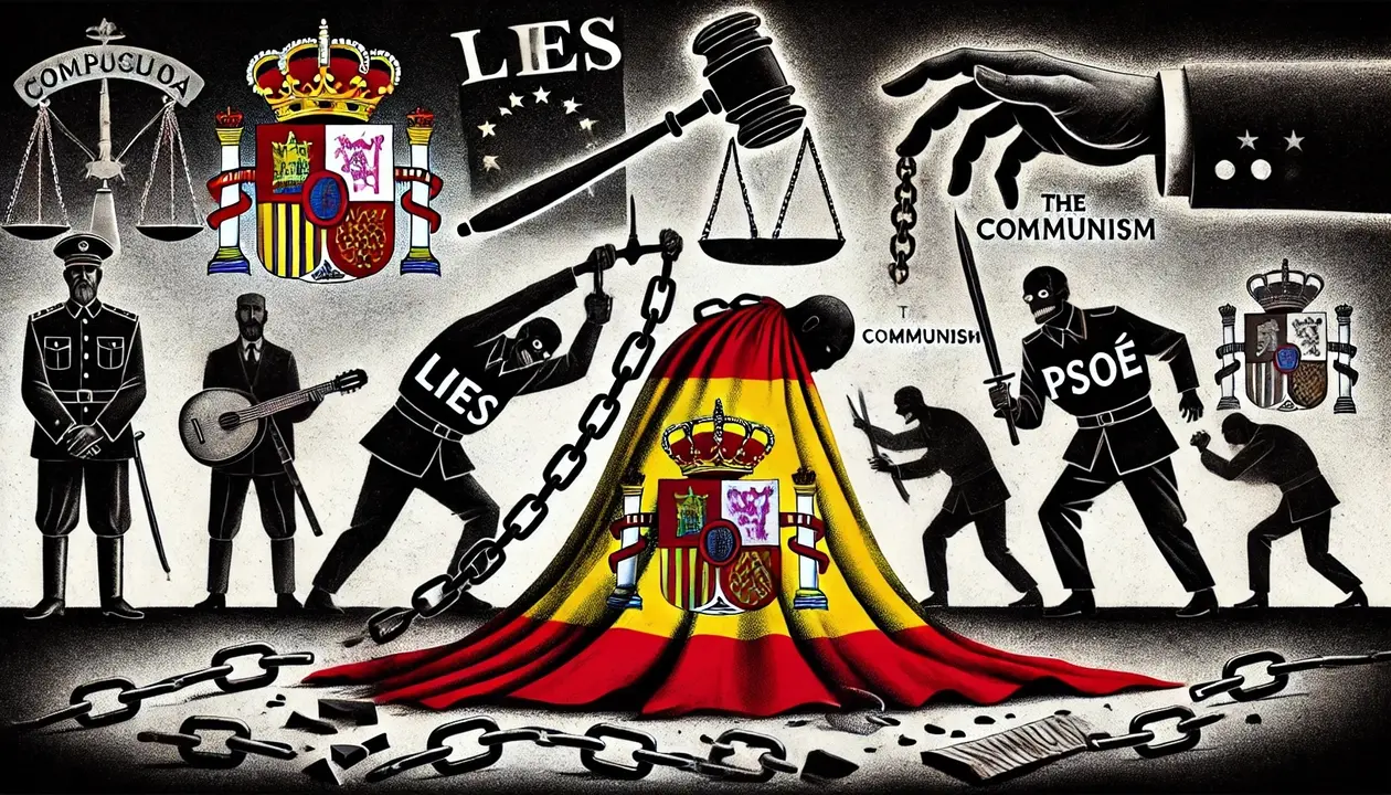 Espa&ntilde;a bajo opresi&oacute;n, con los temas de mentira, el PSOE y el comunismo como enfoque cr&iacute;tico.