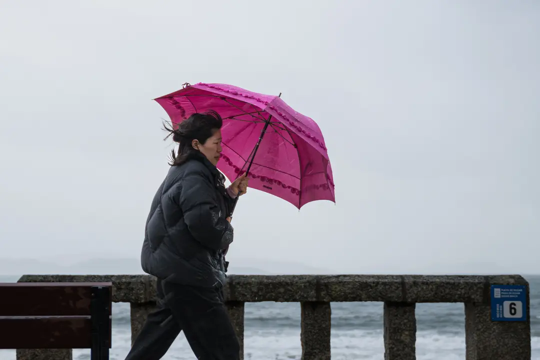 Una mujer se refugia de la lluvia con paraguas en la comarca de Saln&eacute;s. / Elena Fern&aacute;ndez