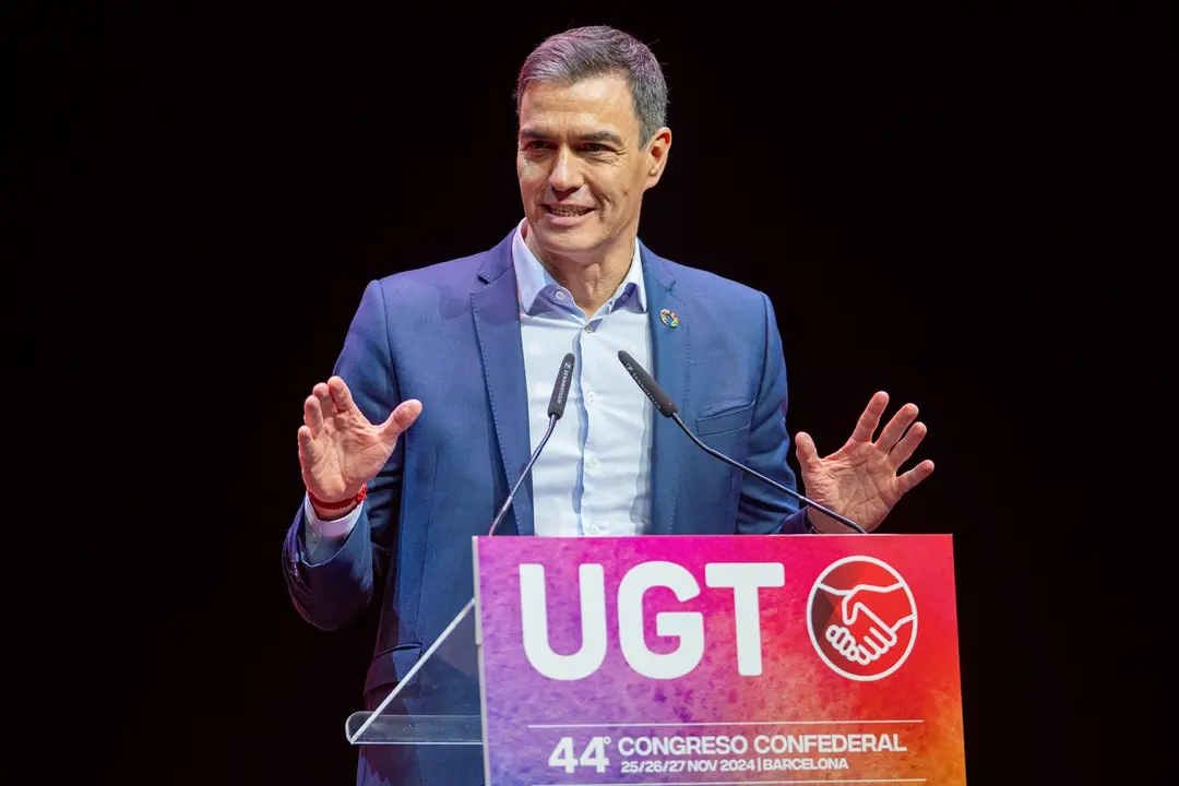 El presidente del Gobierno, Pedro S&aacute;nchez, interviene durante la segunda jornada del Congreso Confederal de UGT.  Lorena Sop&ecirc;na / Europa Press