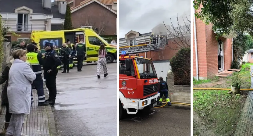Secuencia del incendio en Cacicedo de Camargo: los servicios de emergencia atienden a los afectados en la zona (izquierda), bomberos trabajan para extinguir las llamas en la vivienda afectada (centro) y el estado del inmueble tras el fuego, con evidentes da&ntilde;os y restos de mangueras utilizadas en la extinci&oacute;n (derecha).