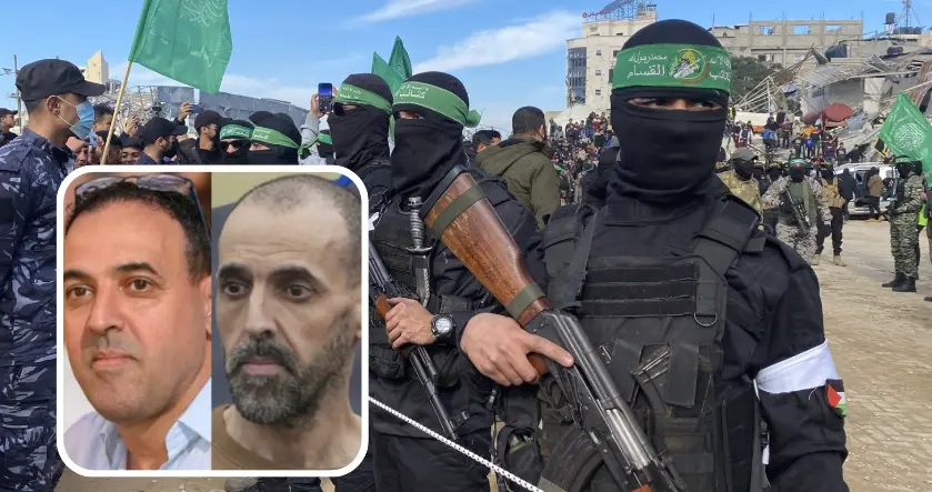 Milicianos de Ham&aacute;s desfilan armados en Gaza mientras son vitoreados por la multitud. En el recuadro, Eli Sharabi, reh&eacute;n israel&iacute; del kibutz Beeri, antes y despu&eacute;s de pasar 491 d&iacute;as en cautiverio, visiblemente demacrado y desnutrido tras su liberaci&oacute;n. Su esposa y sus hijas fueron asesinadas el 7 de octubre.