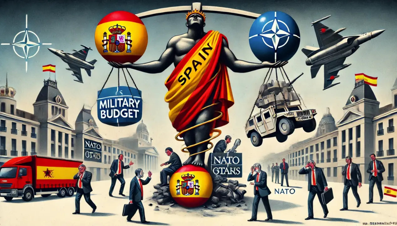 Ilustraci&oacute;n editorial representando la encrucijada financiera de Espa&ntilde;a debido a las demandas de gasto en defensa de la OTAN.