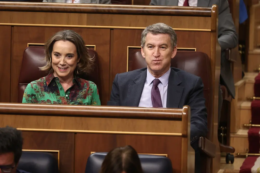 La secretaria general del PP, Cuca Gamarra, y el presidente del PP, Alberto N&uacute;&ntilde;ez Feij&oacute;o, durante un pleno en el Congreso de los Diputados. / Eduardo Parra