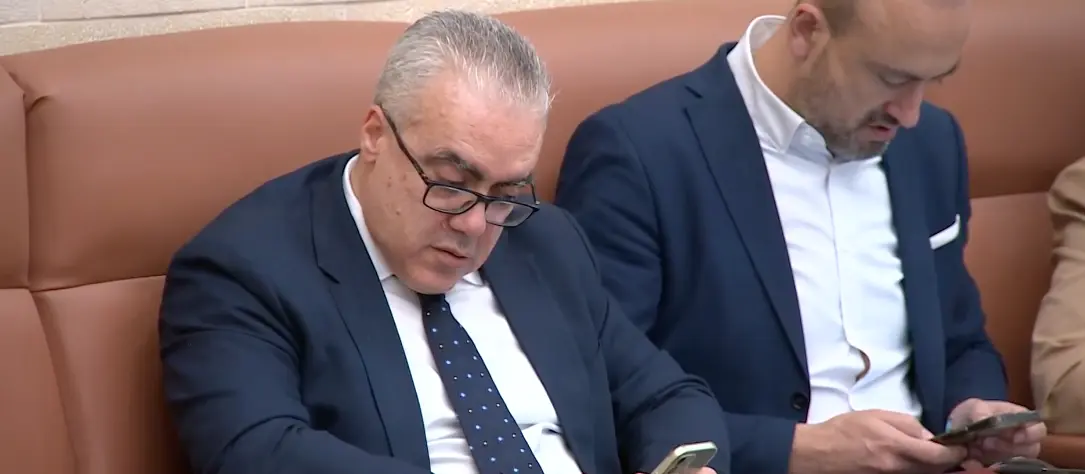 Pedro Hernando y Javier L&oacute;pez consultan sus tel&eacute;fonos durante una sesi&oacute;n en el Parlamento.