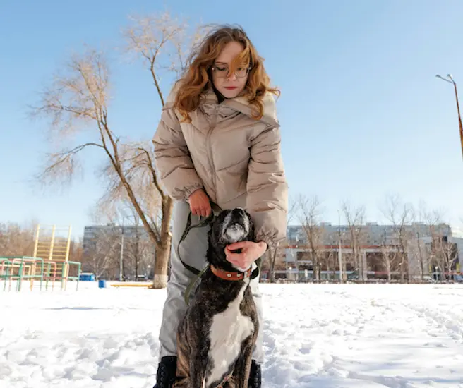 Una ni&ntilde;a con su perro en la nieve. / A.E