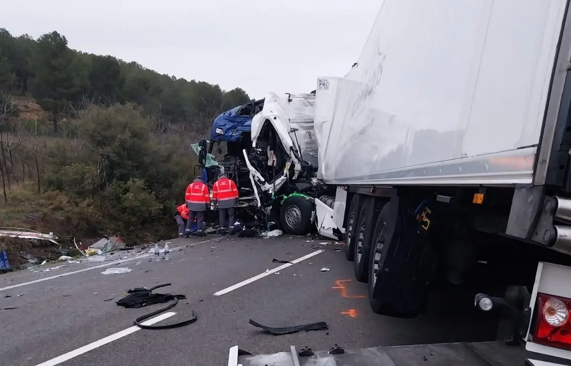 Uno de los camiones accidentados. / Polic&iacute;a Foral