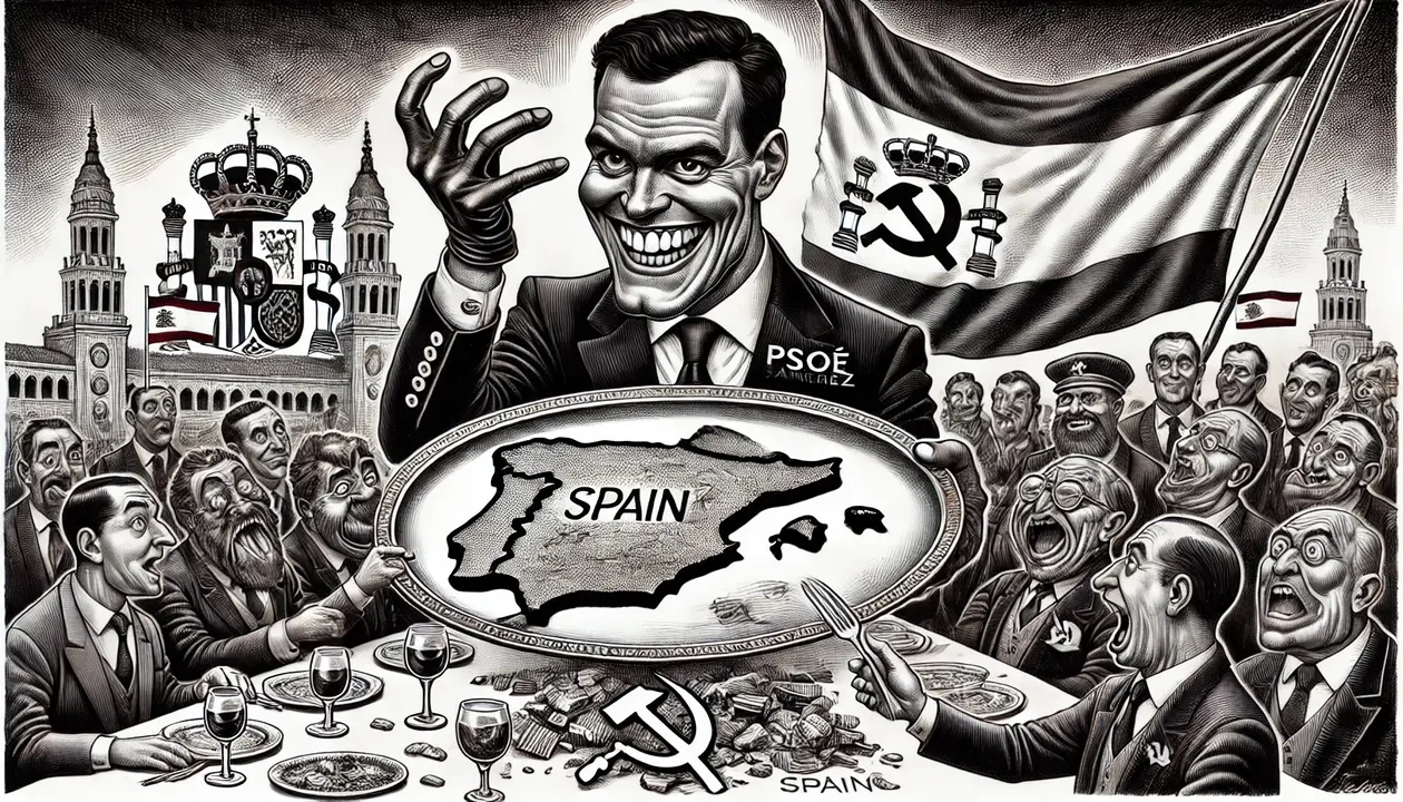 Caricatura editorial sat&iacute;rica de Pedro S&aacute;nchez entregando Espa&ntilde;a en una bandeja.