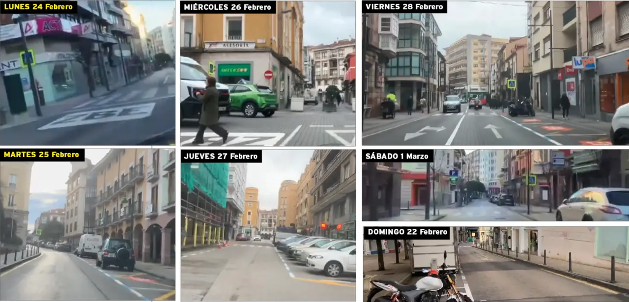 La evidencia. Calles vac&iacute;as: Las calles de la Zona de Bajas Emisiones (ZBE) de Torrelavega, vac&iacute;as durante toda la semana. Las im&aacute;genes, captadas a distintas horas entre las 10:00 y las 12:00 de la ma&ntilde;ana, evidencian la falta de tr&aacute;fico en la zona, cuestionando la necesidad de esta medida. / A.S.D.