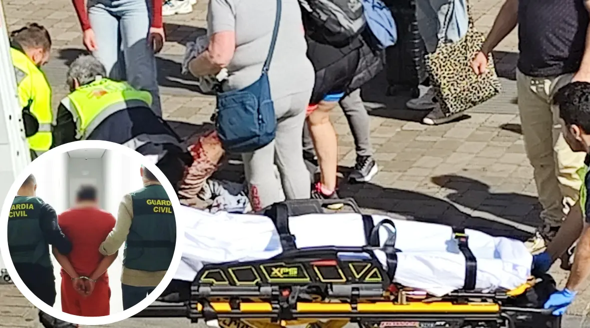 A la izquierda en circular, el agresor detenido. En grande el momento que los servicios de emergencias tratan de salvar la vida al joven. / A.E.