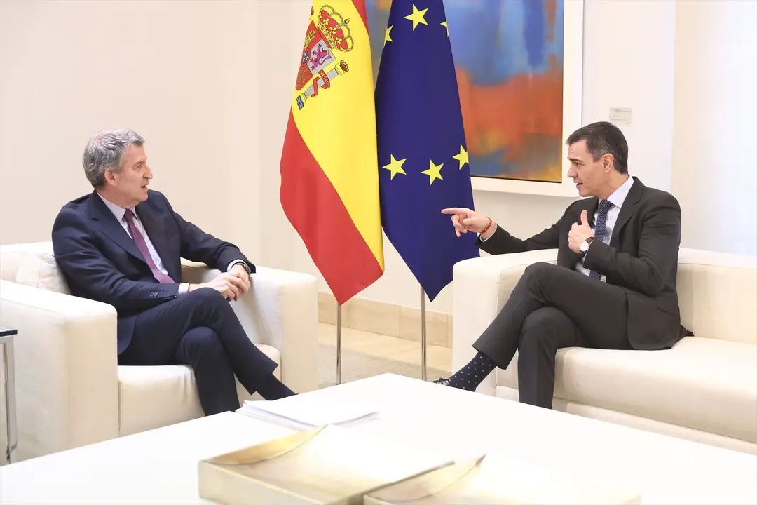 El presidente del Gobierno, Pedro S&aacute;nchez (d), recibe al presidente del Partido Popular, Alberto N&uacute;&ntilde;ez Feij&oacute;o (i), en el Palacio de la Moncloa. / Eduardo Parra