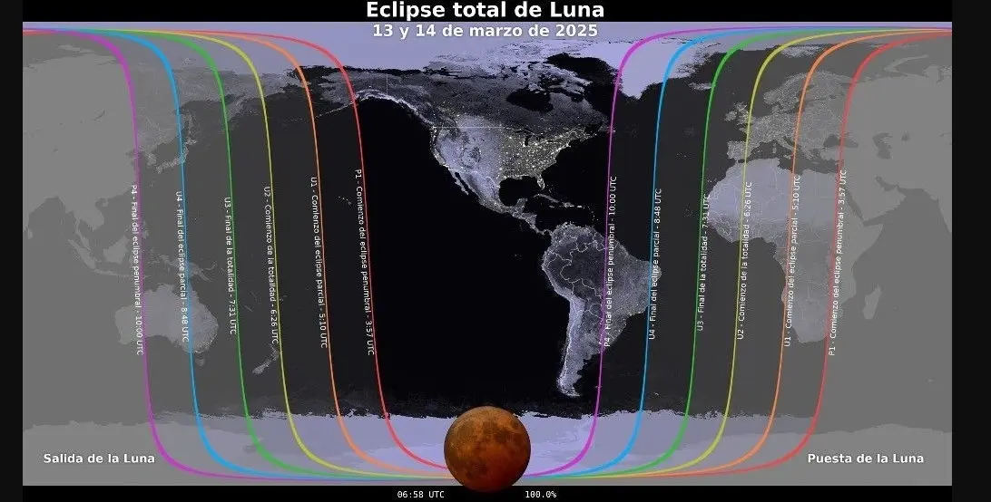 Mapa que muestra d&oacute;nde ser&aacute; visible el eclipse lunar del 13 al 14 de marzo de 2025. / EP