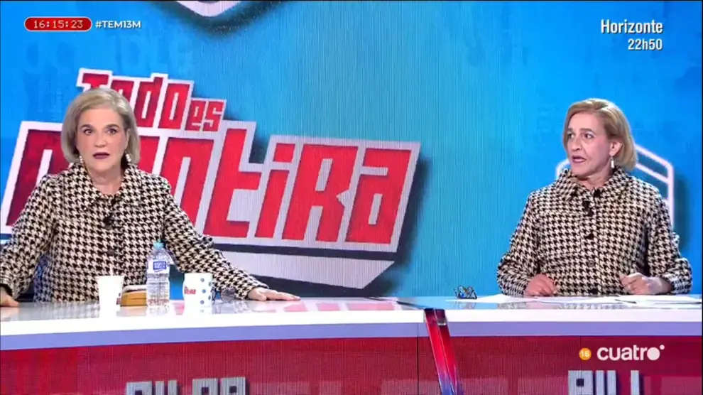 Pilar Rahola y su imitador Josep Ferr&eacute; protagonizan un encuentro en el programa "Todo es mentira". / Cuatro