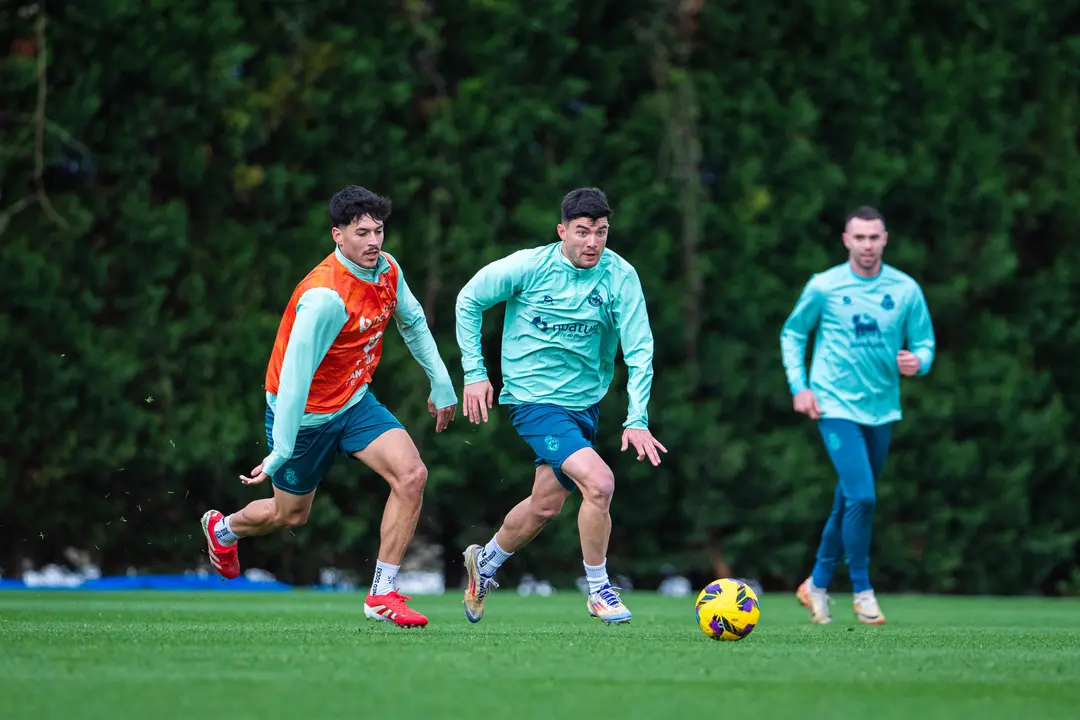 Los jugadores del Racing en el &uacute;ltimo entrenamiento en La Albericia. / RRC
