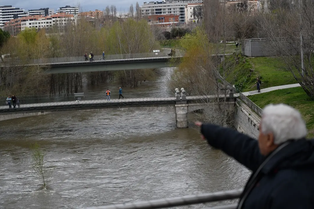 Una persona observa la crecida del r&iacute;o Manzanares, en el parque de Madrid R&iacute;o. / Fernando S&aacute;nchez