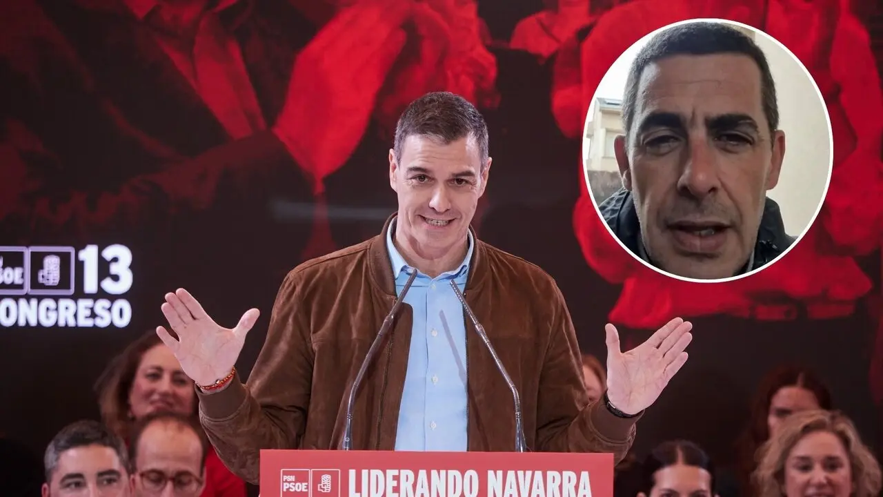 Pedro S&aacute;nchez, durante el 13&ordm; Congreso del PSN, y el periodista, Antonio Naranjo, en peque&ntilde;o. / A.E.