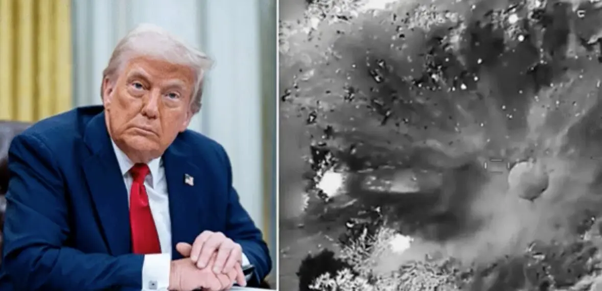 El presidente Donald Trump (izquierda) observa con firmeza mientras, a la derecha, una imagen a&eacute;rea muestra el impacto de un ataque dirigido por Estados Unidos contra una reuni&oacute;n de l&iacute;deres hut&iacute;es en Yemen.