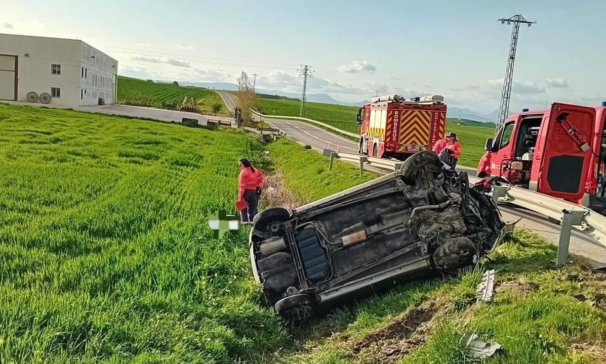 Estado en que qued&oacute; el coche tras salirse de la v&iacute;a. / Polic&iacute;a Foral de Navarra