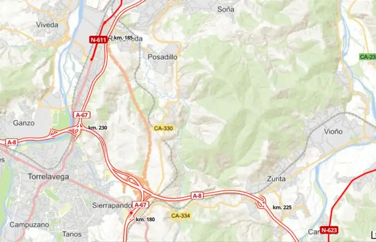 Con importantes cortes y desv&iacute;os en la zona, el nuevo tramo de la A-67 sentido Santander y la salida 181 hacia Bilbao ser&aacute;n operativos desde este mi&eacute;rcoles. / M.T.
