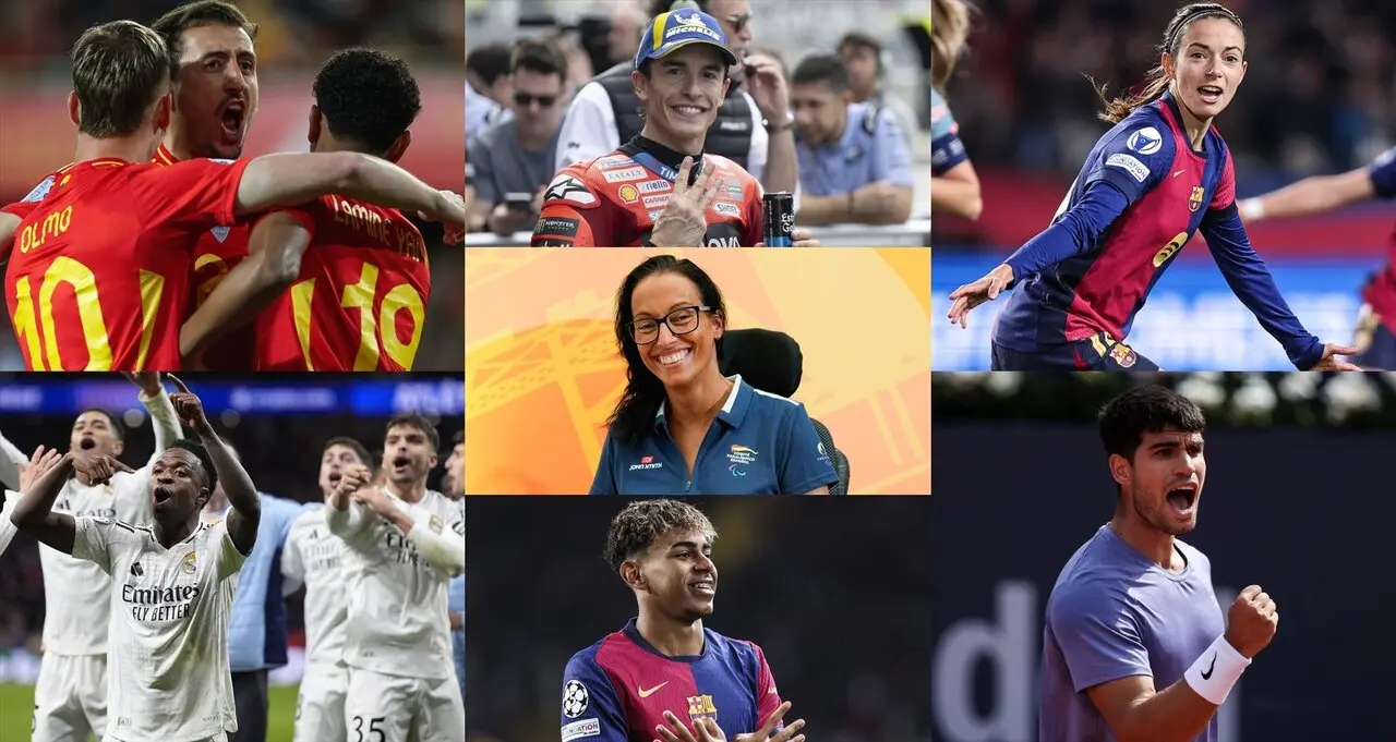 De izquierda a derecha y de arriba abajo: la selecci&oacute;n espa&ntilde;ola masculina de f&uacute;tbol, Marc M&aacute;rquez, Aitana Bonmat&iacute;, Teresa Perales, el Real Madrid, Lamine Yamal y Carlos Alcaraz. / EP