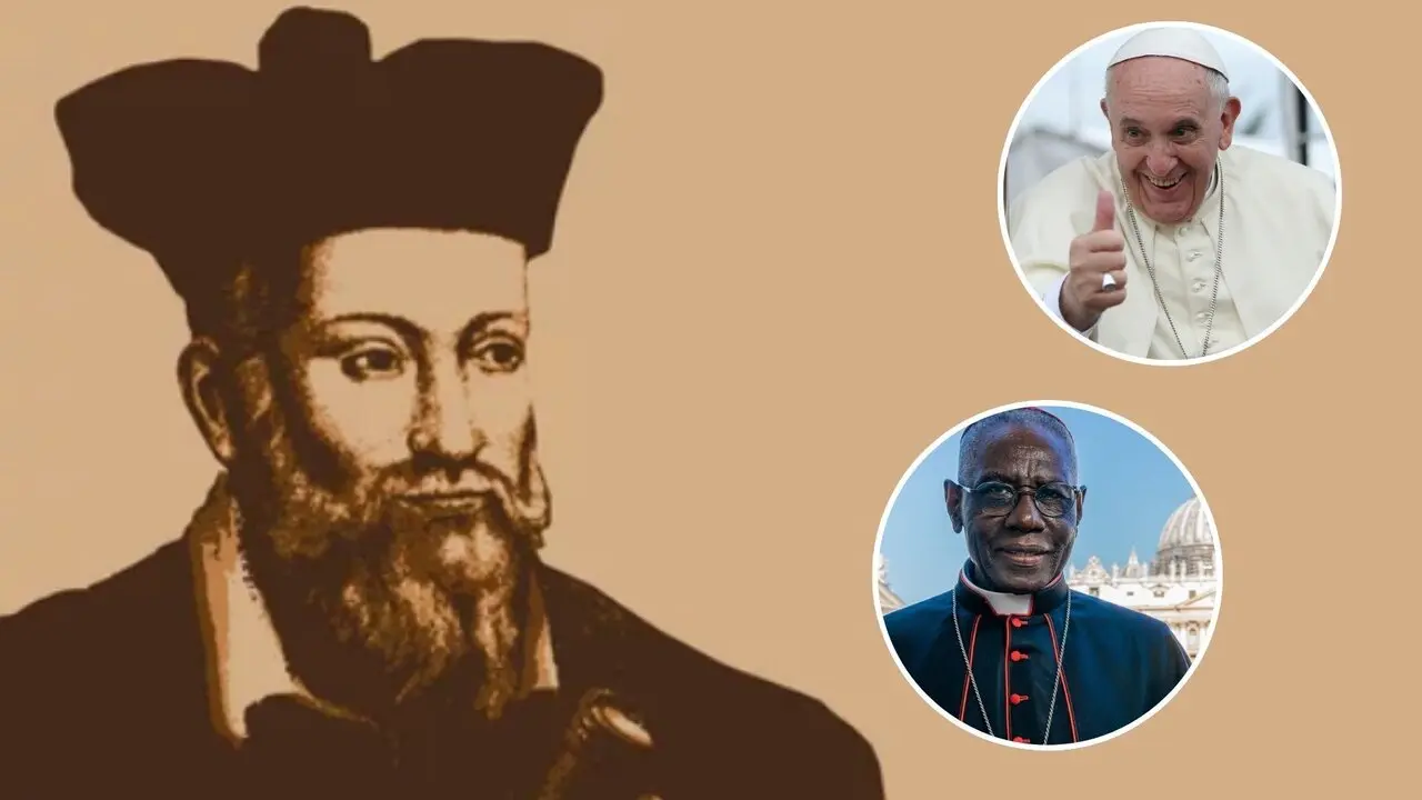 Nostradamus, junto al Papa Francisco, fallecido, y el cardenal,  Robert Sarah, posible sucesor. / EP