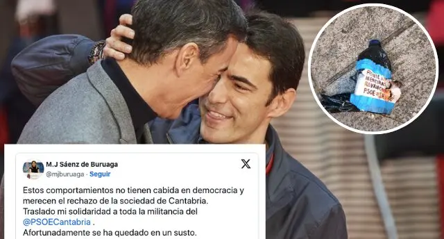 Pedro S&aacute;nchez y Pedro Casares, en una imagen de archivo. En el recuadro, uno de los supuestos artefactos inflamables lanzados a la sede del PSOE en Santander. La presidenta del PP c&aacute;ntabro, Mar&iacute;a Jos&eacute; S&aacute;enz de Buruaga, conden&oacute; el incidente en redes sociales "por si acaso", aunque la Polic&iacute;a a&uacute;n no ha confirmado los hechos denunciados por el partido.