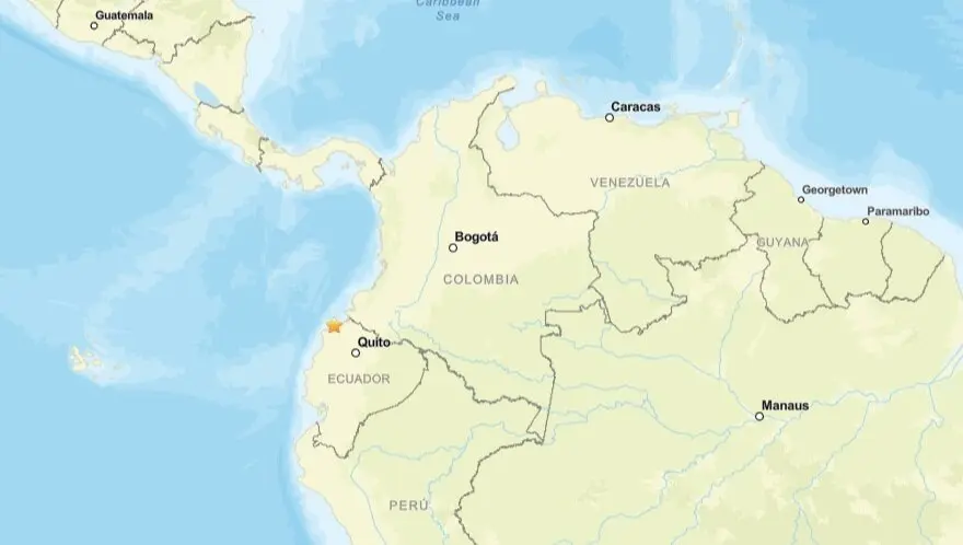Terremoto de magnitud 6 en la escala abierta de Richter frente a Esmeraldas, en el noroeste de Ecuador. / USGS