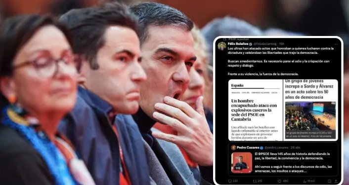 Pedro Casares y Pedro S&aacute;nchez, en un reciente acto del PSOE. A la derecha, resumen de los mensajes en redes sociales con los que el partido ha construido su relato antifascista tras el supuesto ataque a la sede socialista en Cantabria.