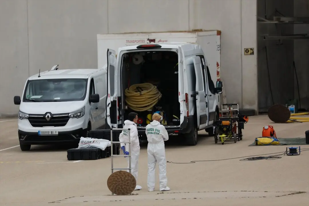 Agentes del departamento de Criminal&iacute;stica de la Guardia Civil trabajan en una nave en Librilla. / Edu Botella