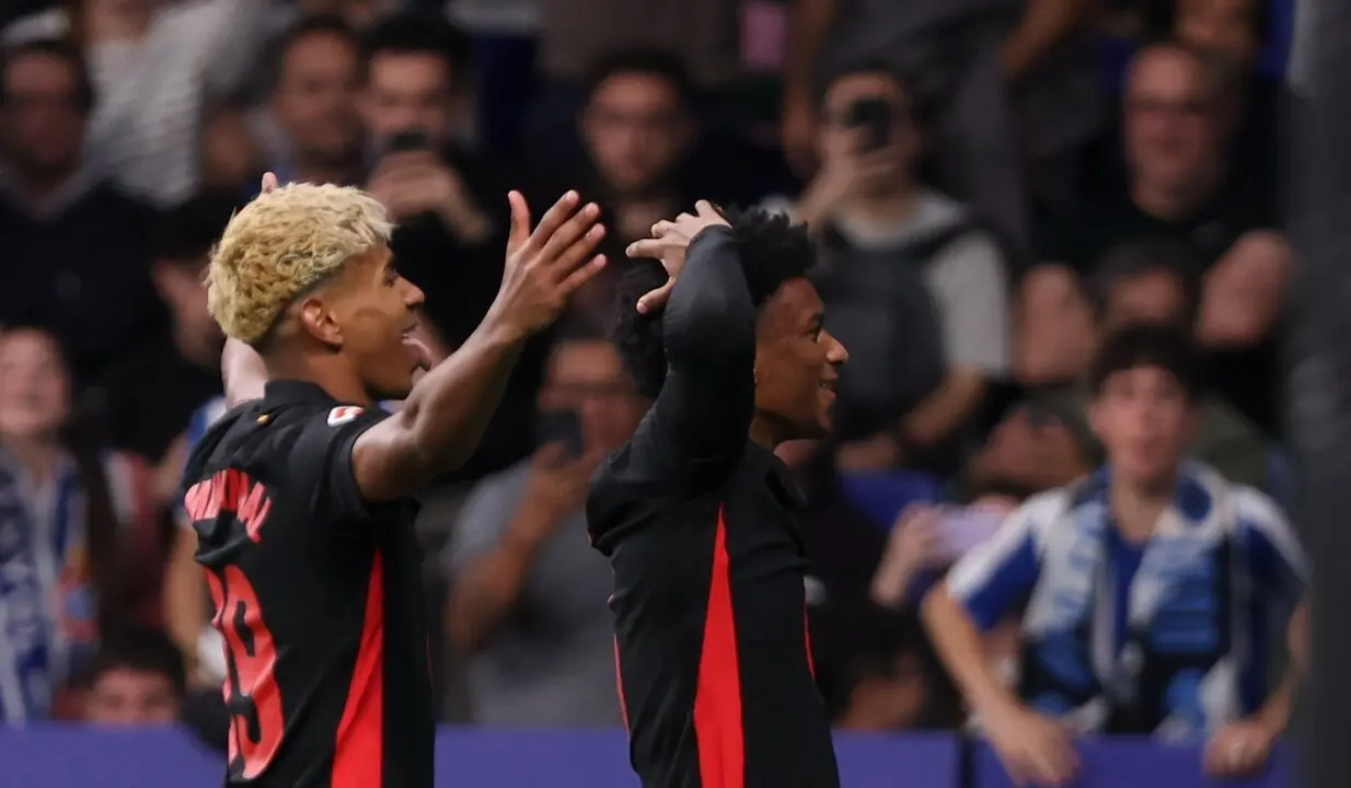 Lamine Yamal of FC Barcelona celebrates a goal with Alejandro Balde of FC Barcelona during the Spanish league, La Liga EA Sports, football match played between RCD Espanyol and FC Barcelona at RCDE Stadium on May 15, 2025 in Cornella, Barcelona, Spain.
 
Firma: AFP7 / Europa Press
