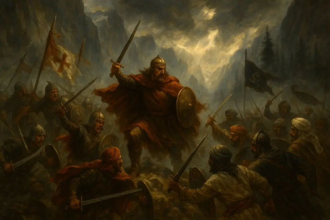 Representaci&oacute;n art&iacute;stica de la resistencia cristiana en las monta&ntilde;as del norte peninsular durante las primeras incursiones musulmanas en el siglo VIII. Seg&uacute;n la tradici&oacute;n, en estos escenarios comenz&oacute; la Reconquista liderada por Pelayo tras la Batalla de Covadonga.